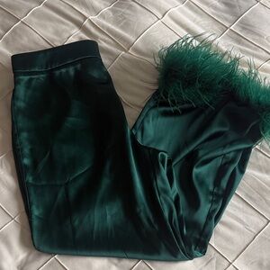 Forever 21 Dark Green Satin Wide-Leg Pants with Feather Trim